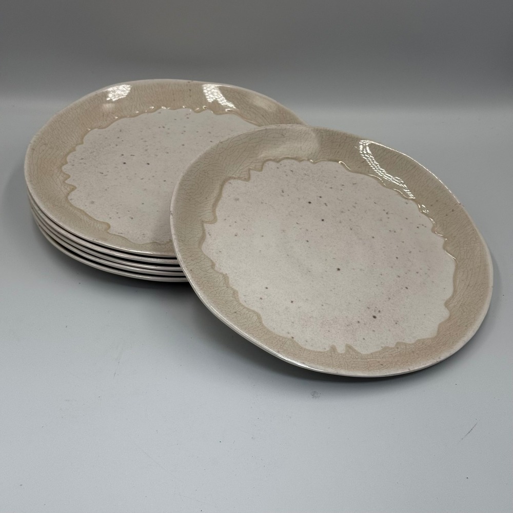 Set of 6 Melamine Salad Plates Speckled Faux Crackle Glaze Cream Tan 8.5 Inch